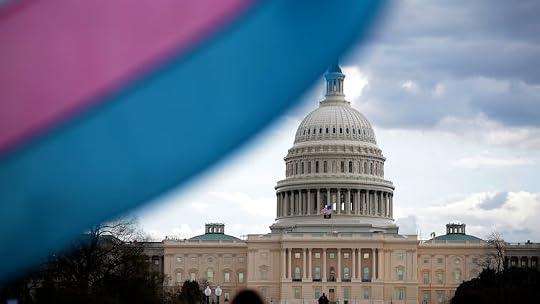The U.S. Capitol is seen behind a transgender pride flag
