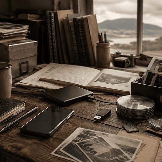 A desk filled with old photographs, notebooks, a smartphone, hard drive, USB stick and other digital storage beside a window overlooking a mountain landscape.