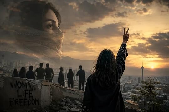Iranian woman raising a victory sign over Tehran at sunset, symbolizing resistance, solidarity and hope amid political repression and uncertainty over Iran regime collapse.