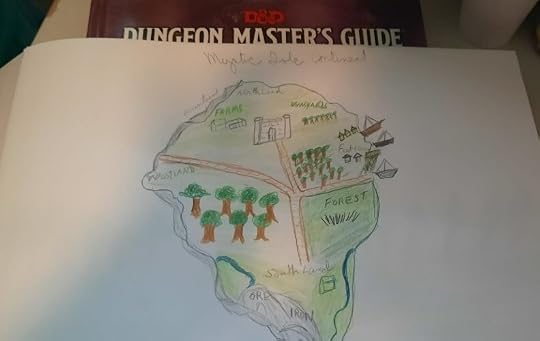 Hand-drawn map of a fictional continent named Mystic Dale, featuring labeled areas such as farms, forests, and a castle, with various symbols illustrating terrain features.