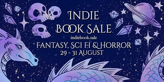Banner for the Narratess Indie Book Sale. A chonky dragon reads a book at the bottom, a pile of skulls with a candle and ghost sit on the left of the text, and a space ship flies by a planet on the right of the text.Text: Indie Book Saleindiebook.saleFantasy, Sci FI & Horror29 - 31 AugustMain banner designed by Arden Powell