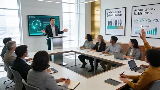 Leader presenting to executives in a modern workspace, promoting accountability and teamwork culture