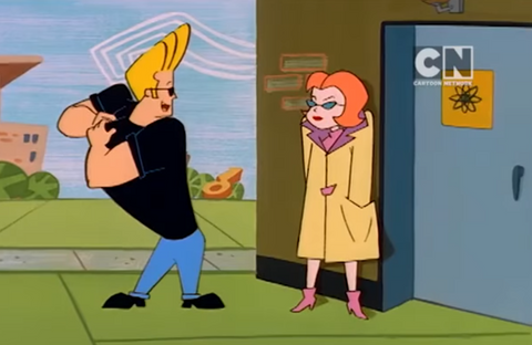Johnny Bravo falling in love with a chick in a trenchcoat