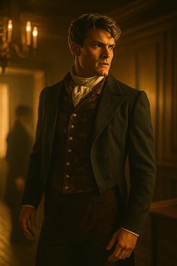 A serious Regency-era gentleman spy in a dark tailcoat, patterned waistcoat, and white cravat stands inside a warmly candlelit gentlemen’s club in 1811 England, evoking historical espionage, danger, and Regency intrigue.