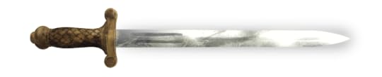 A transparent png digital illustration of a short sword with a fishscale patterned grip.