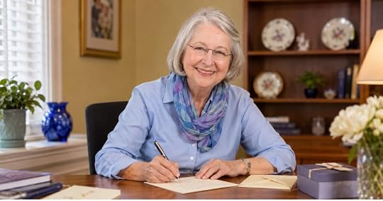 Elizabeth H. Cottrell, silver-haired and wearing a blue shirt and floral scarf, smiling as she writes a note by hand at a wooden desk with envelopes and flowers.