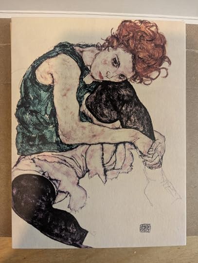 Postcard featuring Seated Woman with Bent Knees,1917 drawing by Egon Schiele