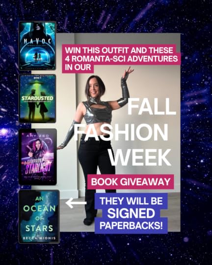 Image shows Amy Zed wearing a silver crop top and fingerless silver gloves. The image also shows the covers of the four books in the giveaway: Hova by Constance Fay, Stardusted by Elle DeYesso, A Symphony of Starlight by Amy Zed and An Ocean of Stars by Becca Mionis. The text reads: win these four books and this outfit in our Fall Fashion Giveaway. The books will be signed paperbacks.