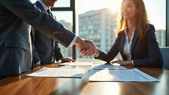 Austin real estate professionals shaking hands over seller financing deal paperwork