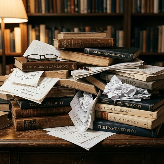Stacked books, glasses, papers, and notes about unresolved literary questions