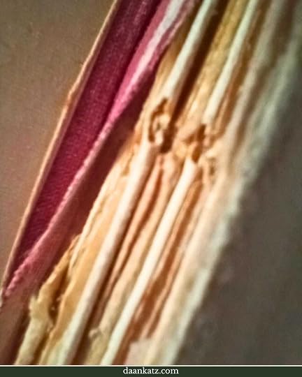 Close-up view of an old book's spine with visible stitching and worn pages; the cover is partially shown in faded red and beige tones.