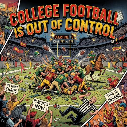 Retro football illustration with text: “COLLEGE FOOTBALL IS OUT OF CONTROL,” “OVERTIME x9,” “SCORE: ??? vs ???,” “WE WANT CHAOS,” “PLAYOFFS NOW,” and “THIS IS INSANE.”