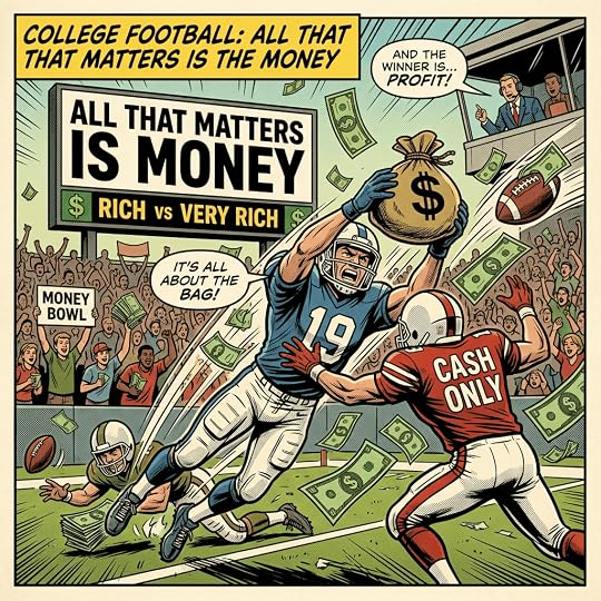 Comic of football players chasing a money bag amid flying cash and signs about profit
