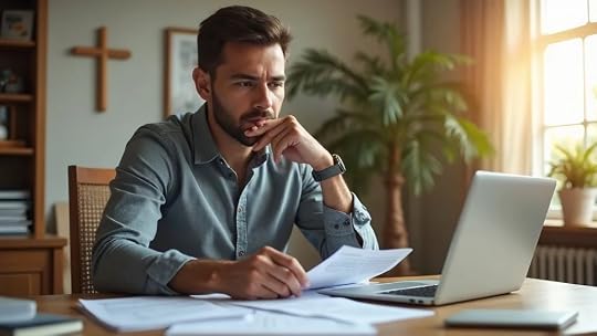 Christian business owner analyzing seller financing financial statements in a home office with religious decor, natural light, and detailed paperwork