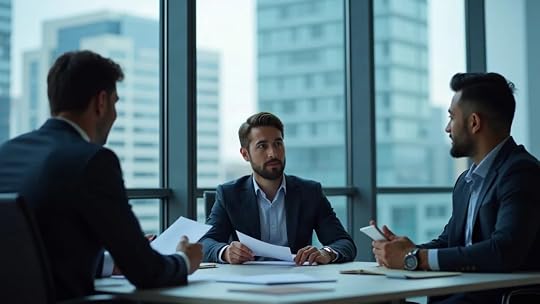 Christian business owner and potential buyer negotiating seller financing terms in a modern office—documents and laptop visible