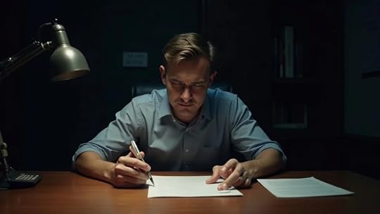 Worried Christian business owner reviewing seller financing contract in a dimly lit office
