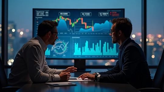 Christian business owner and advisor reviewing seller financing quality of earnings graphs on a digital display