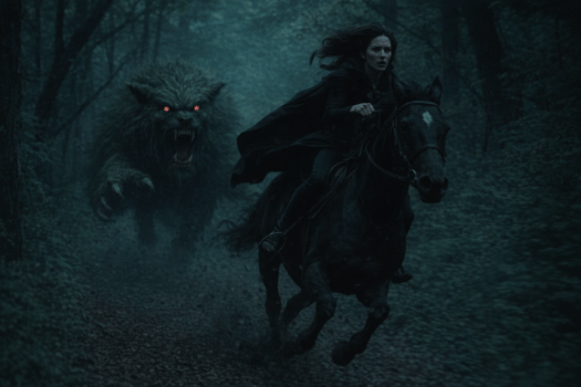 A female in black clothing, on a galloping black horse, being chased through a dark forest by a large dog-like creature.