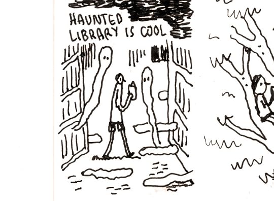 A small scatchy ink drawing.A reader walks past bookcases, ghosts and clouds of ectoplasm.Title: Haunted library is cool.