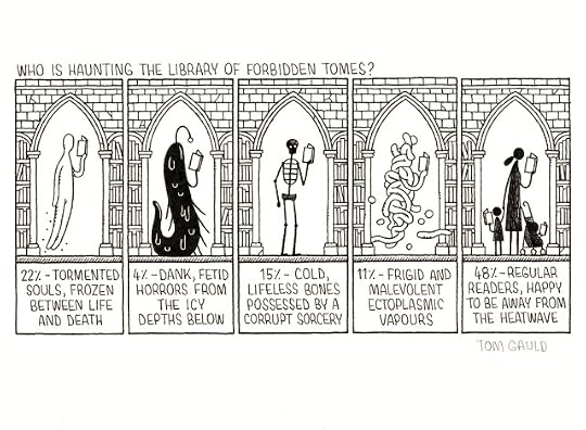  Title: Who is Haunting The Library of Forbidden Tomes? Image: five panels showing characters in a gothic library 22% - tormented souls, frozen between life and death (a ghost reading a book) 4% - dank, fetid horrors from the icy depths below (a black slug like creature with a single eyestalk reading a book) 15% - cold, lifeless bones possessed by a corrupt sorcery (a skeleton reading a book) 11% - frigid and malevolent ectoplasmic vapours (a shapeless apparition reading a book) 48% - regular readers happy to away from the heatwave (A mother, small child and toddler in buggy, all reading books)