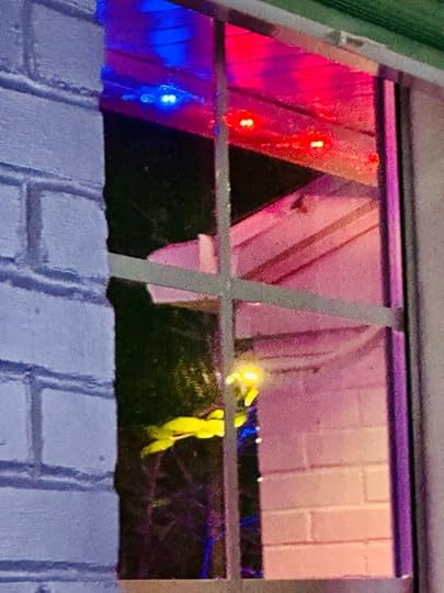 Window reflection of blue and red lights
