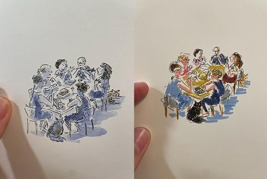 Bookclub around a table, with cats: two illustrations, one in colour and one blue-and-white