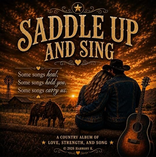 Picture of my debut Country music album cover for Saddle Up and Sing. In warm sunset tones of orange, yellows, and browns. 