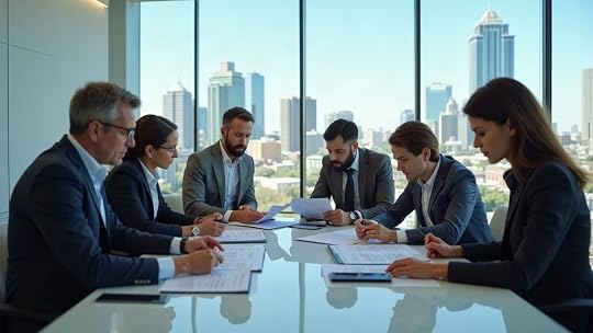 Business professionals reviewing detailed due diligence documents in Austin