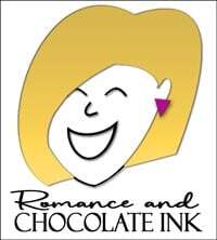logo Karin Kallmaker's happy blonde over Romance and Chocolate Ink