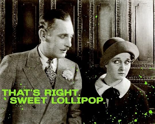 A vintage style black and white photograph of a man talking to a sceptical-looking woman. He is saying,