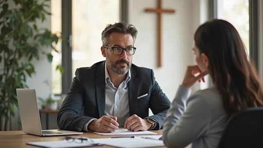 Thoughtful Christian business owner reviewing due diligence documents with advisor in a faith-based office