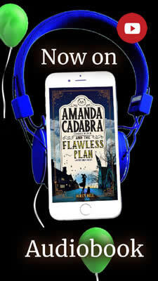 Click to got to video. White mobile phone showing Amanda and The Flawless Plan by Holly Bell, within blue headphones. Txt above and below