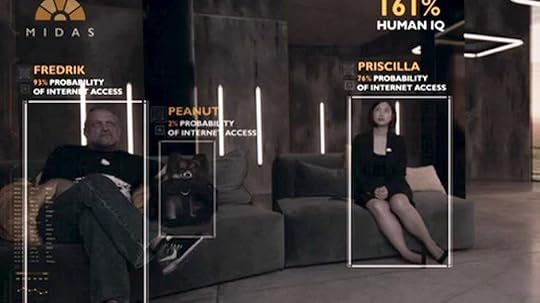 A digital interface displaying three subjects: a man named Fredrik, a dog named Peanut, and a woman named Priscilla. Each has a probability of internet access shown, with Fredrik at 93%, Peanut at 2%, and Priscilla at 74%. The overall human IQ is displayed as 161%.