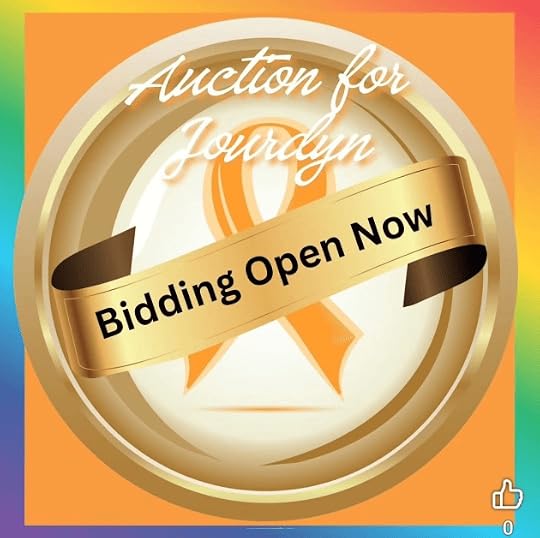 Round badge design promoting an auction for Jourdyn, featuring the text 'Bidding Open Now' on a gold ribbon over a light background with an orange ribbon graphic.