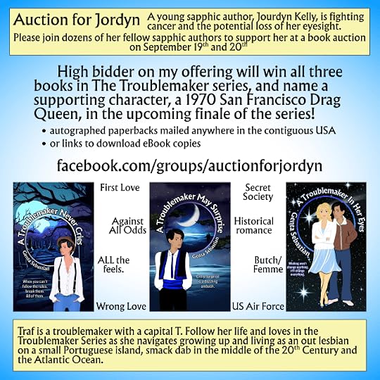 Promotional graphic for an auction supporting young author Jourdyn Kelly, featuring details about her book series 'The Troublemaker.'