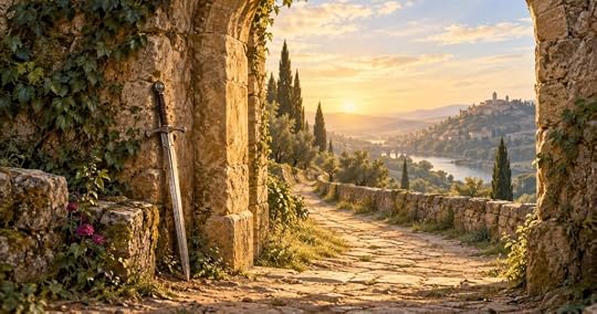 Featured image for blog The Crone's Journey. A gateway in the eveing sun with a sword leaning against the arch