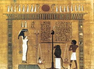 The Two Truths in the Judgment Hall weigh the heart of the deceased against Truth, Ma'at.