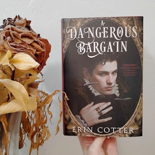 Photo of the hardcover of A Dangerous Bargain by Erin Cotter. Cover art is a portrait of an older teen with short, dark, slightly curled hair, in fancy black and gold high-collared Italian Renaissance clothing and two rings on his hand.It's meant to look like it's in a gold-ish frame and there are some small slashes on the canvas.