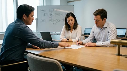 Professional business meeting between a banker and entrepreneur reviewing SBA loan requirements in Austin office