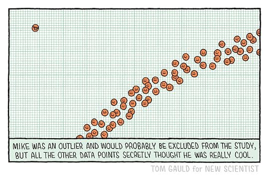 Image: A graph with lots of red dots clustered together in a curve. The are all looking upwards at a single red dot wearing sunglasses. Caption: Mike was an outlier and would probably be excluded from the study, but all the other data points secretly thought he was really cool.