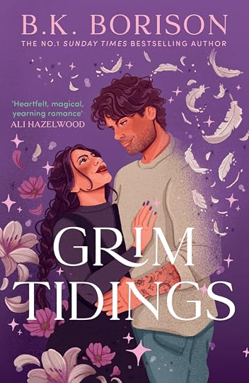 Purple book cover with a cartoon couple in the foreground. There are sparkles and feathers around them. 