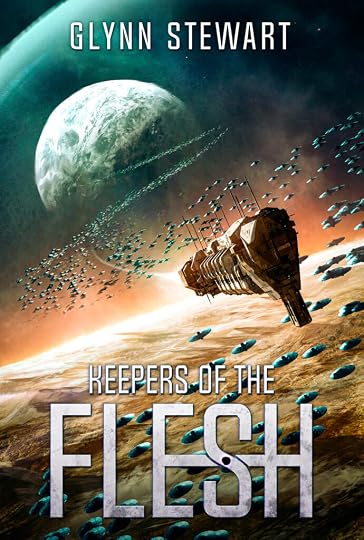 Cover page of the book Keepers of the Flesh by Glynn Stewart. A cargo starship flees across a desolate world from a moon in the distance, pursued by a vast stream of drones