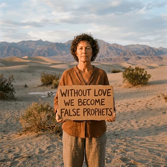 Person holding sign reading “WITHOUT LOVE WE BECOME FALSE PROPHETS.”