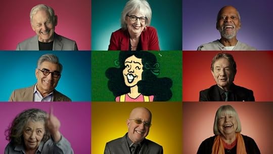 A collage of nine portraits featuring various smiling individuals against colorful backgrounds, including one animated character in the center.