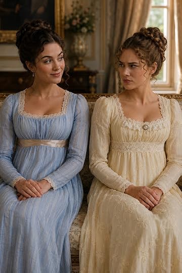 Two women in blue and cream Regency gowns sit together in an elegant English drawing room, exchanging a knowing smile and suspicious glance, illustrating a female spy secretly warning her companion of danger in a Regency historical suspense story.