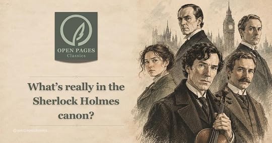 Victorian-style portraits of Sherlock Holmes–inspired figures with a violin and London skyline, beside the text “What’s really in the Sherlock Holmes canon?”