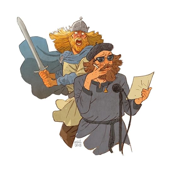 angry viking prepares to cut off the head of a mjolnir-wearing beatnik poet