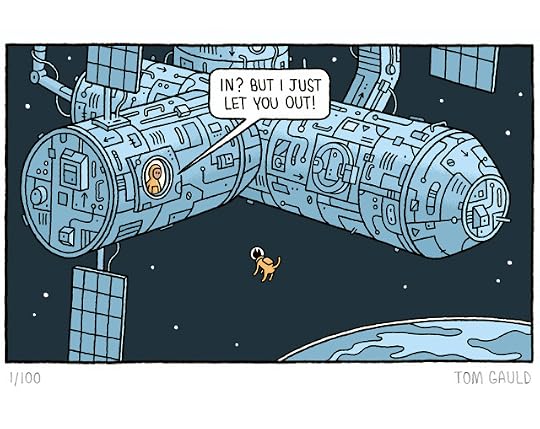 A view of the International Space Station floating in the stars above the earth. A cat in a space suit floats outside. An astronaut within the station looks out of a window and says "In? But I just let you out."
