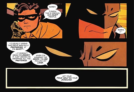 four panel series of Batman and Robin in the Batmobile. Robin is a bit disgruntled while Batman reassures him.