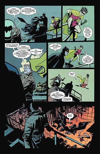 Full page spread; Batman and Robin converse with Commissioner Gordon before flying away